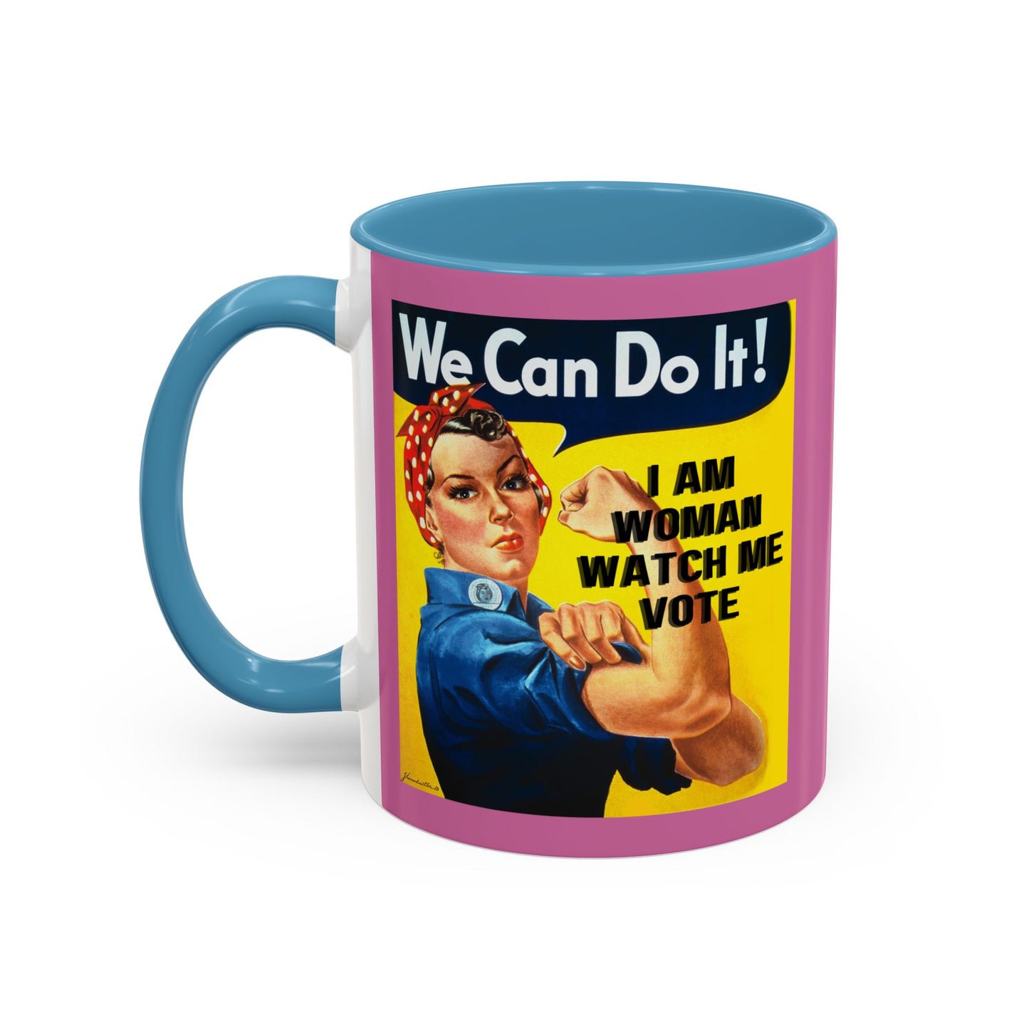 I Am Woman Watch Me Vote Rosie Pink Accent Mug by theGreenDragonTavern.shop