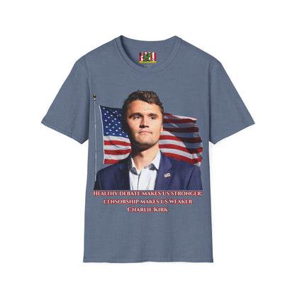 Charlie Kirk, Healthy Debate Dark colors Unisex T-Shirt by theGreenDragonTavern.shop