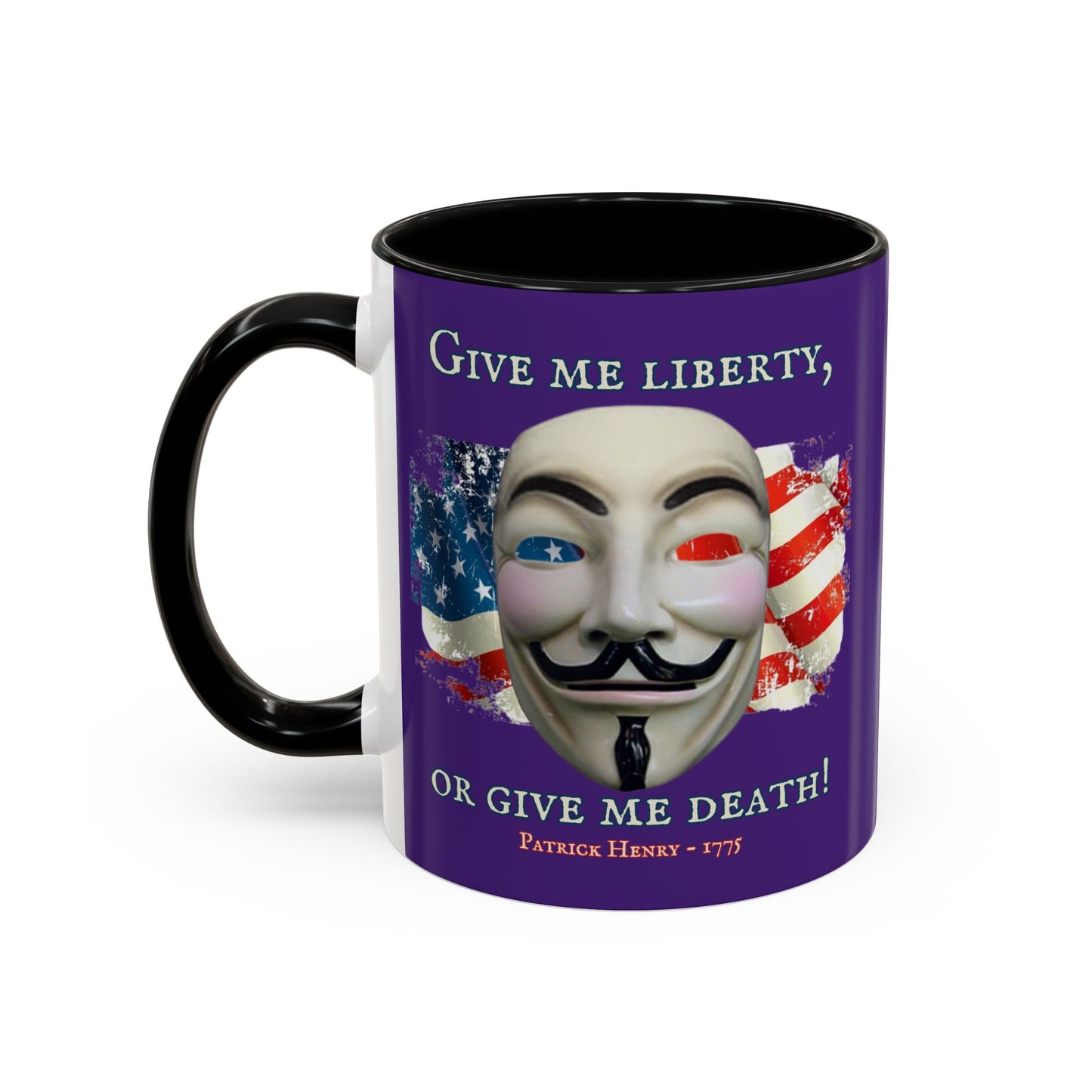 Vendetta, "Give me liberty, or give me death!" Purple Accent Mug by theGreenDragonTavern.shop