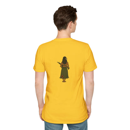 2-sided, Hula Girl Packin' Heat Light colors Unisex T-Shirt by theGreenDragonTavern.shop