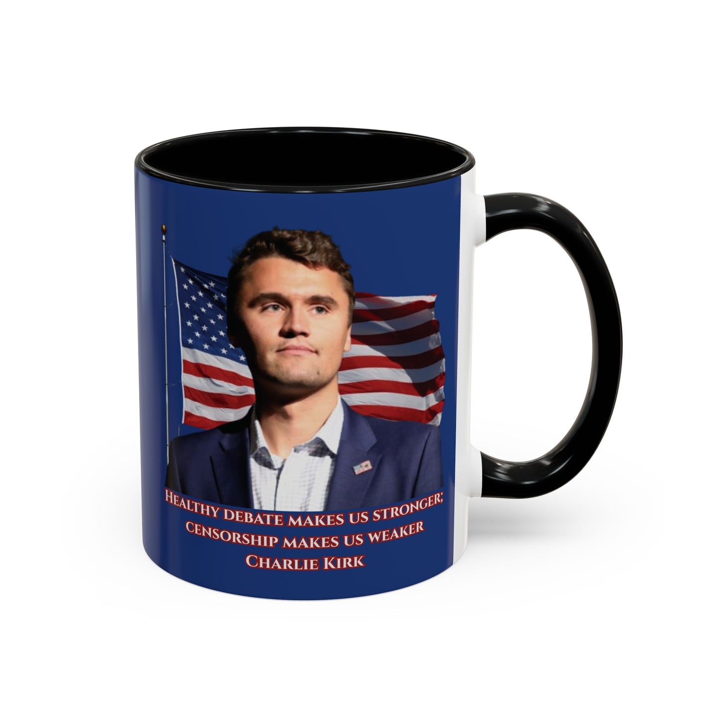 Charlie Kirk, Healthy Debate Blue Accent Mug by theGreenDragonTavern.shop