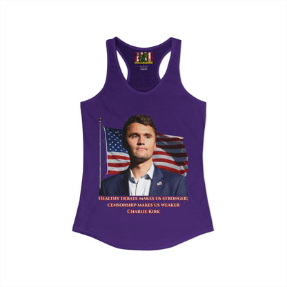 Charlie Kirk, Healthy Debate Women's Racerback Tank Top by theGreenDragonTavern.shop