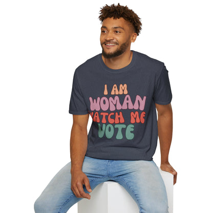 2-sided, I Am Woman Watch Me Vote Dark colors Unisex T-Shirt by theGreenDragonTavern.shop