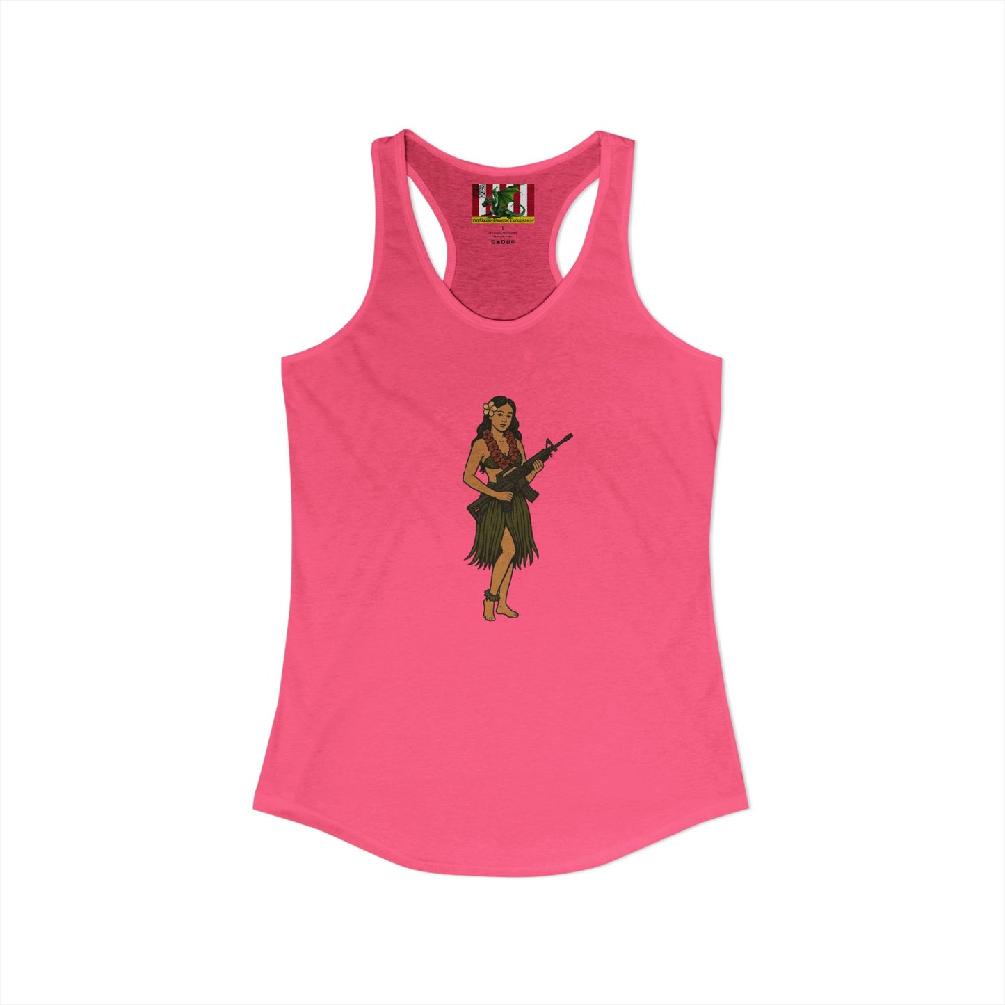Hula Girl Packin' Heat Women's Racerback Tank Top by theGreenDragonTavern.shop
