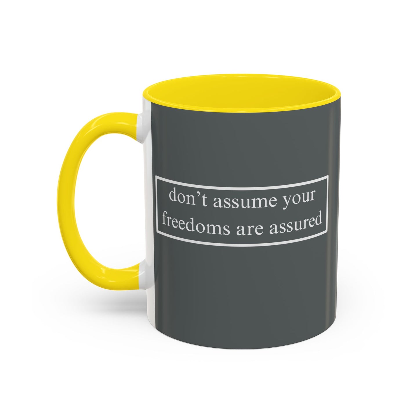 don't assume your freedoms are assured White font Grey Accent Mug by theGreenDragonTavern.shop