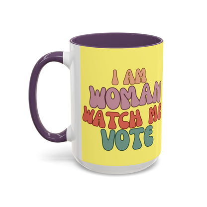 I Am Woman Watch Me Vote Yellow Accent Mug by theGreenDragonTavern.shop