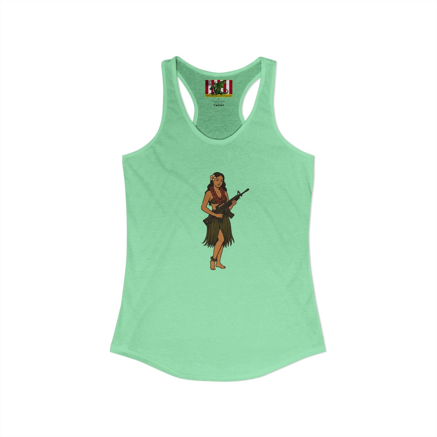 Hula Girl Packin' Heat Women's Racerback Tank Top by theGreenDragonTavern.shop