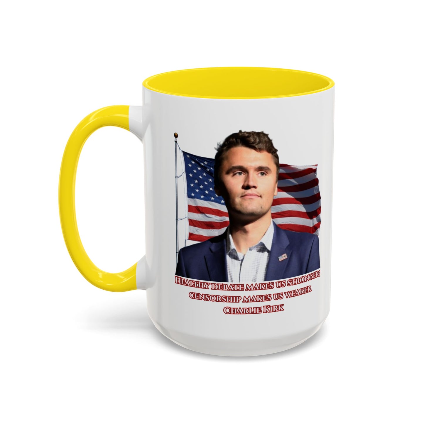 Charlie Kirk, Healthy Debate White Accent Mug by theGreenDragonTavern.shop