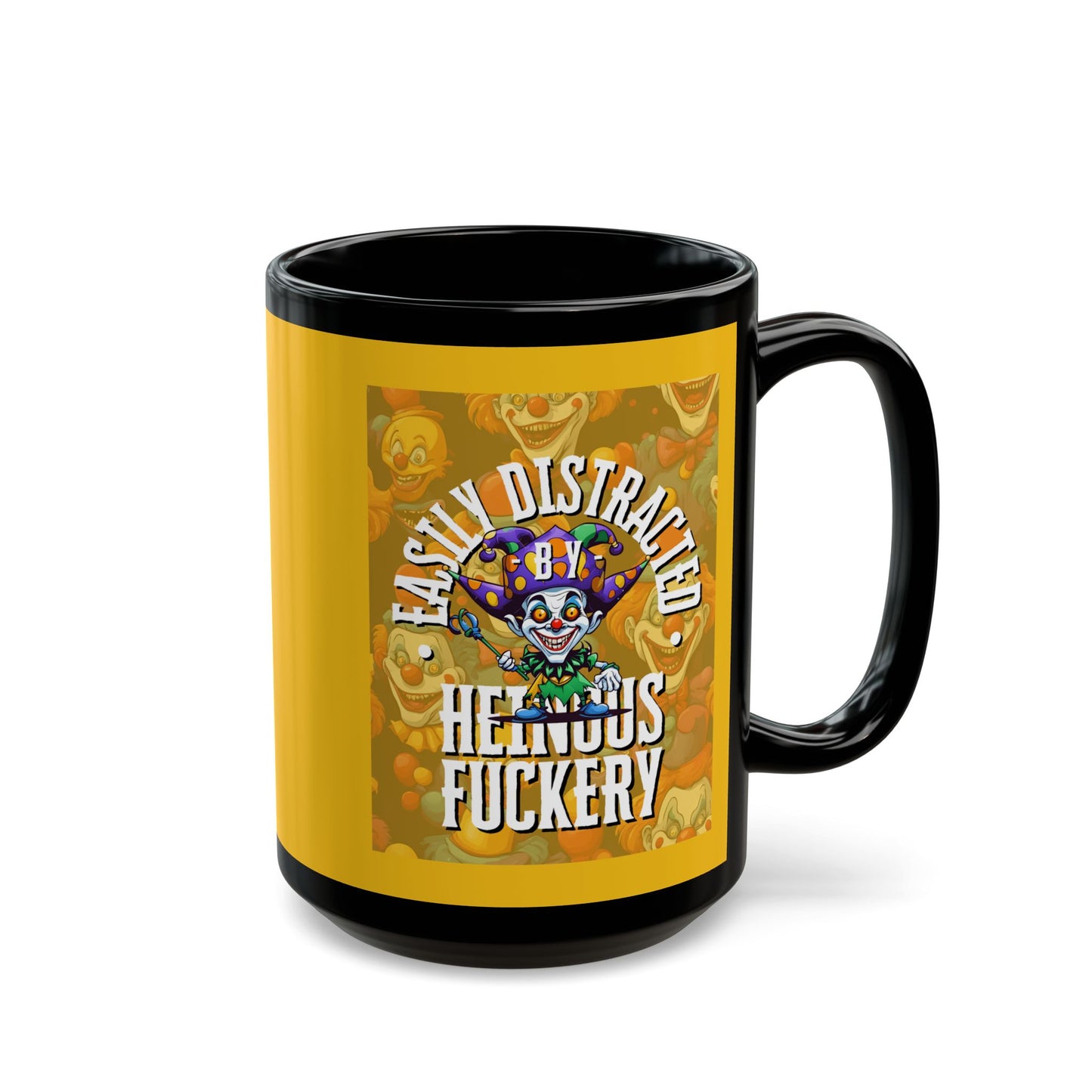 Easily Distracted by Heinous Fuckery Little Jincs Yellow Mug by theGreenDragonTavern.shop