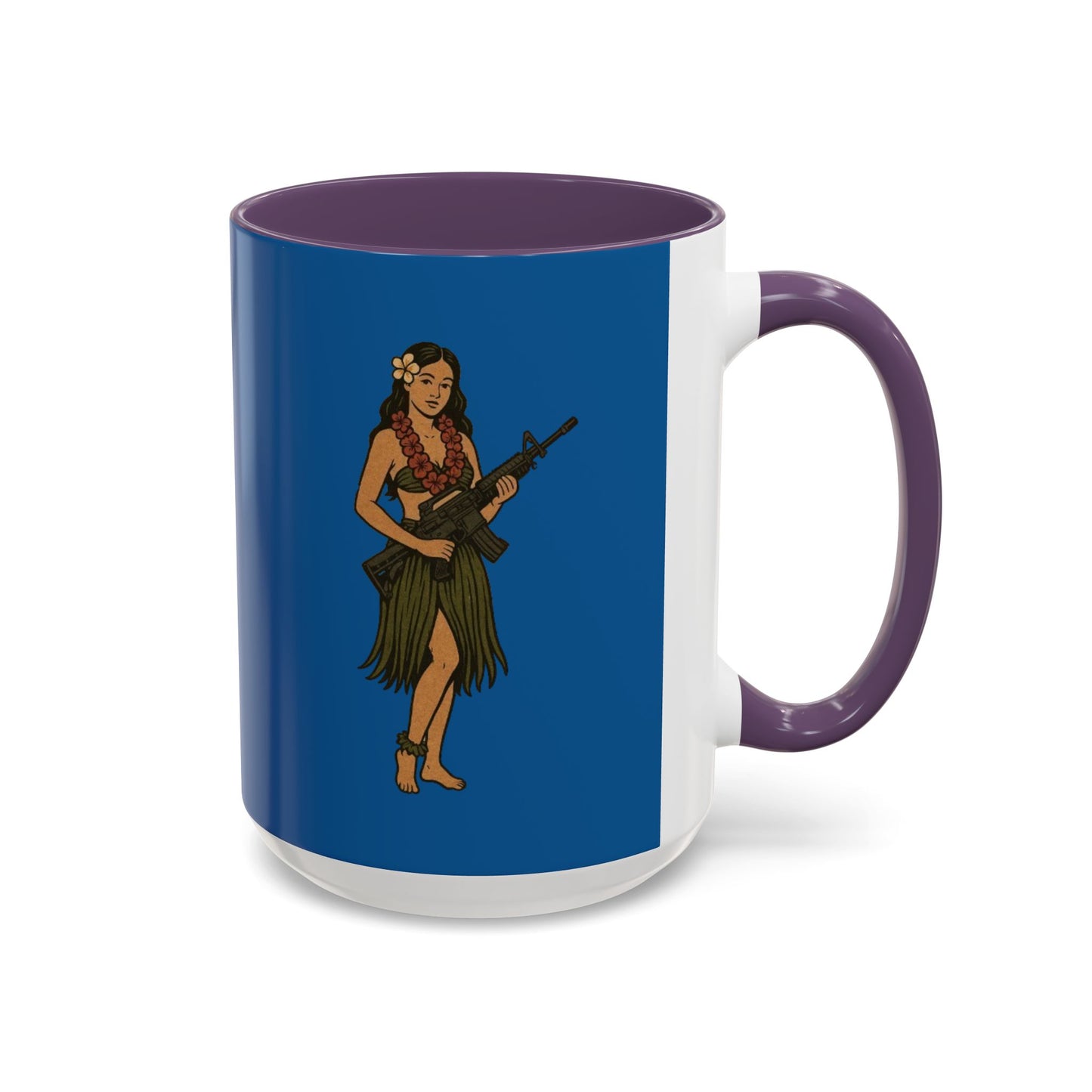 Hula Girl Packin' Heat Dark Blue Accent Mug by theGreenDragonTavern.shop