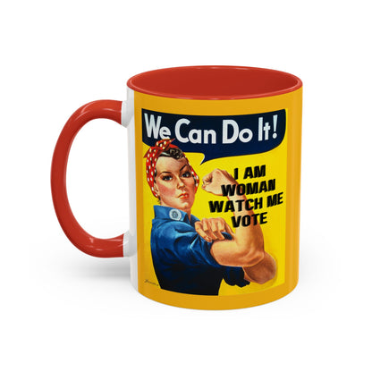 I Am Woman Watch Me Vote Rosie Yellow Accent Mug by theGreenDragonTavern.shop