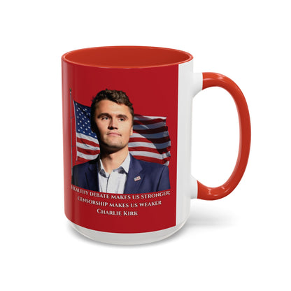 Charlie Kirk, Healthy Debate Red Accent Mug by theGreenDragonTavern.shop