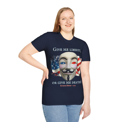 Vendetta, "Give me liberty, or give me death!" Dark colors Unisex T-Shirt by theGreenDragonTavern.shop