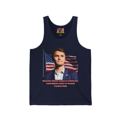 Charlie Kirk, Healthy Debate Unisex Jersey Tank Top by theGreenDragonTavern.shop