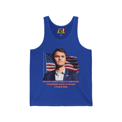 Charlie Kirk, Healthy Debate Unisex Jersey Tank Top by theGreenDragonTavern.shop