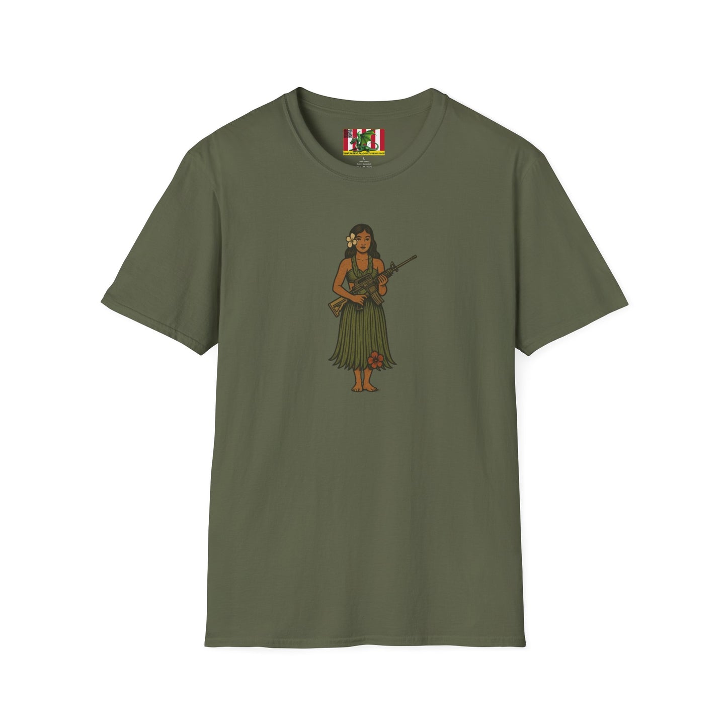 2-sided, Hula Girl Packin' Heat Dark colors Unisex T-Shirt by theGreenDragonTavern.shop