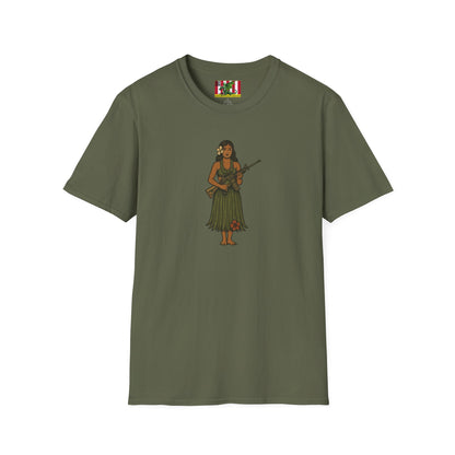 2-sided, Hula Girl Packin' Heat Dark colors Unisex T-Shirt by theGreenDragonTavern.shop