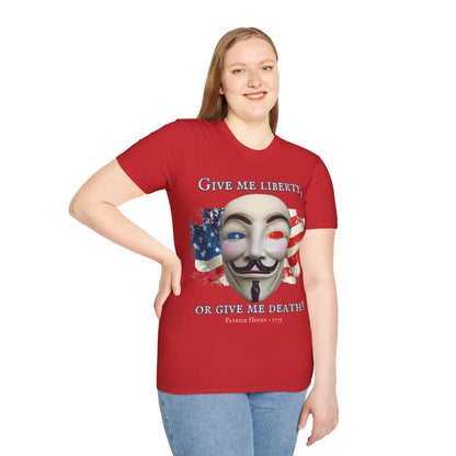 Vendetta, "Give me liberty, or give me death!" Light colors Unisex T-Shirt by theGreenDragonTavern.shop