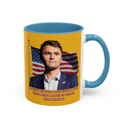 Charlie Kirk, Healthy Debate Yellow Accent Mug by theGreenDragonTavern.shop