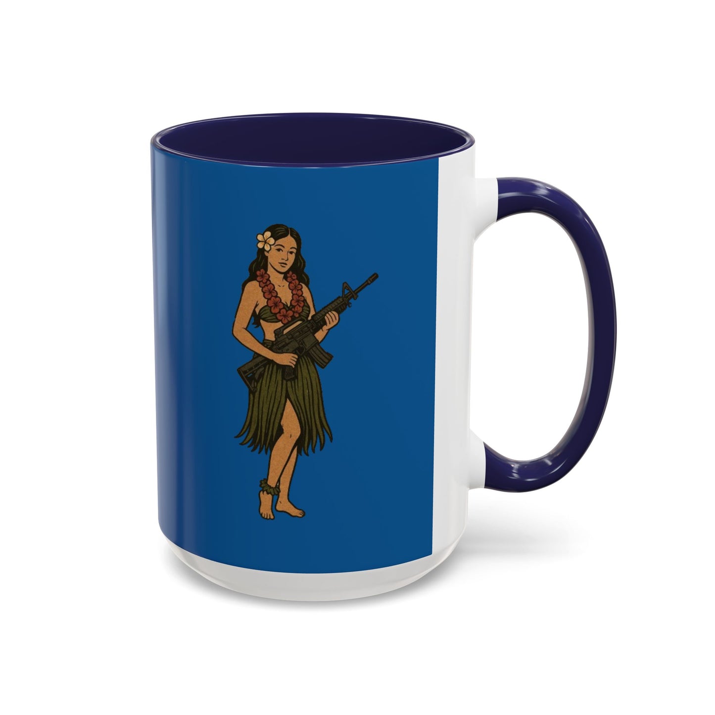 Hula Girl Packin' Heat Dark Blue Accent Mug by theGreenDragonTavern.shop
