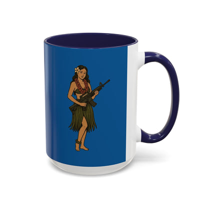 Hula Girl Packin' Heat Dark Blue Accent Mug by theGreenDragonTavern.shop