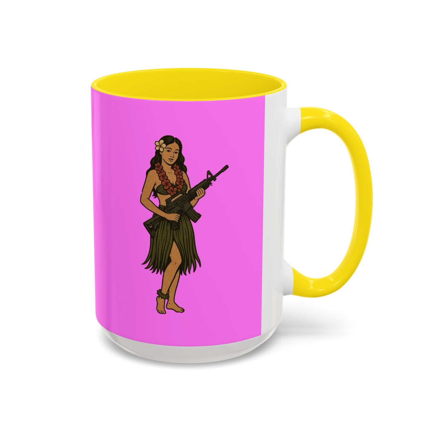 Hula Girl Packin' Heat Pink Accent Mug by theGreenDragonTavern.shop