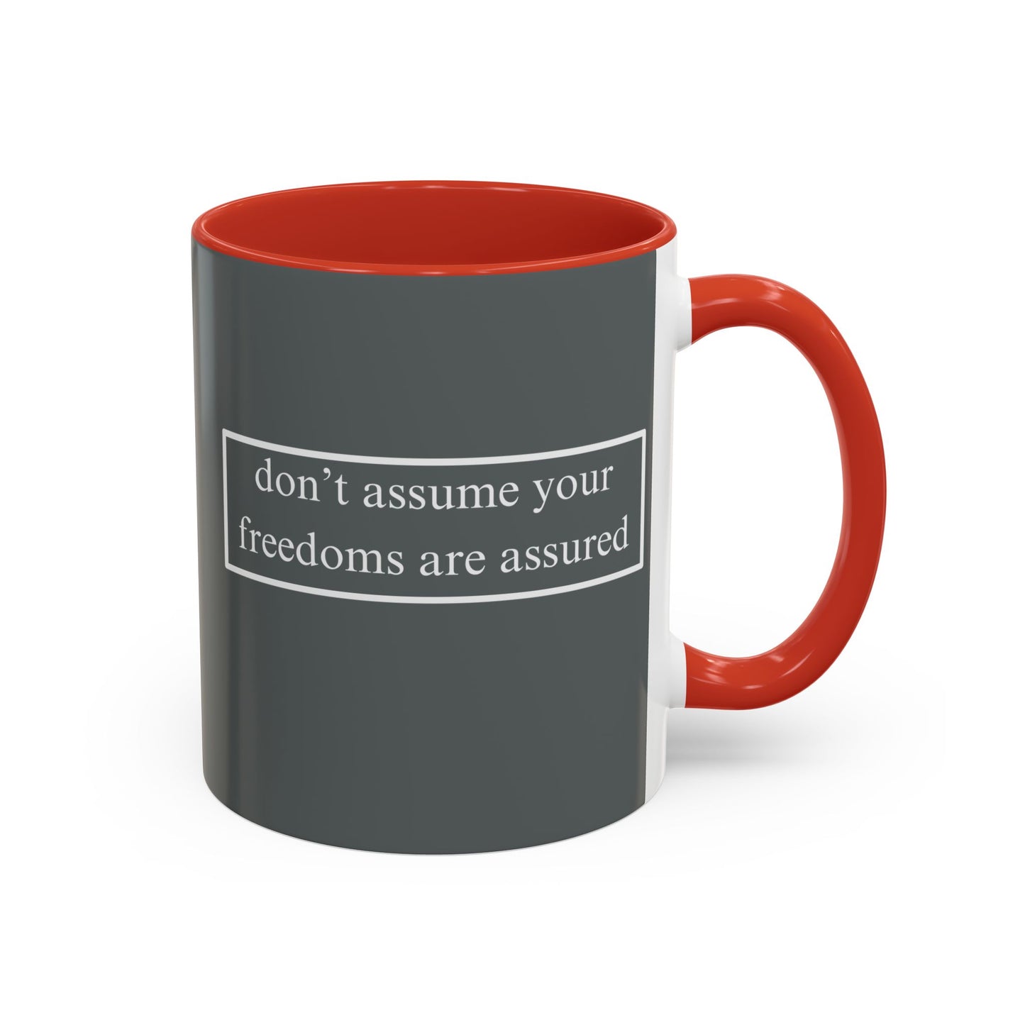 don't assume your freedoms are assured White font Grey Accent Mug by theGreenDragonTavern.shop
