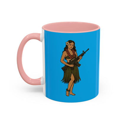 Hula Girl Packin' Heat Light Blue Accent Mug by theGreenDragonTavern.shop