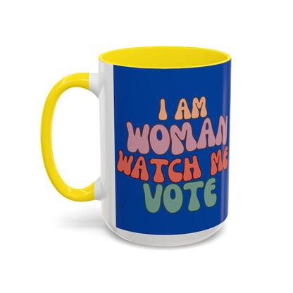 I Am Woman Watch Me Vote Dark Blue Accent Mug by theGreenDragonTavern.shop