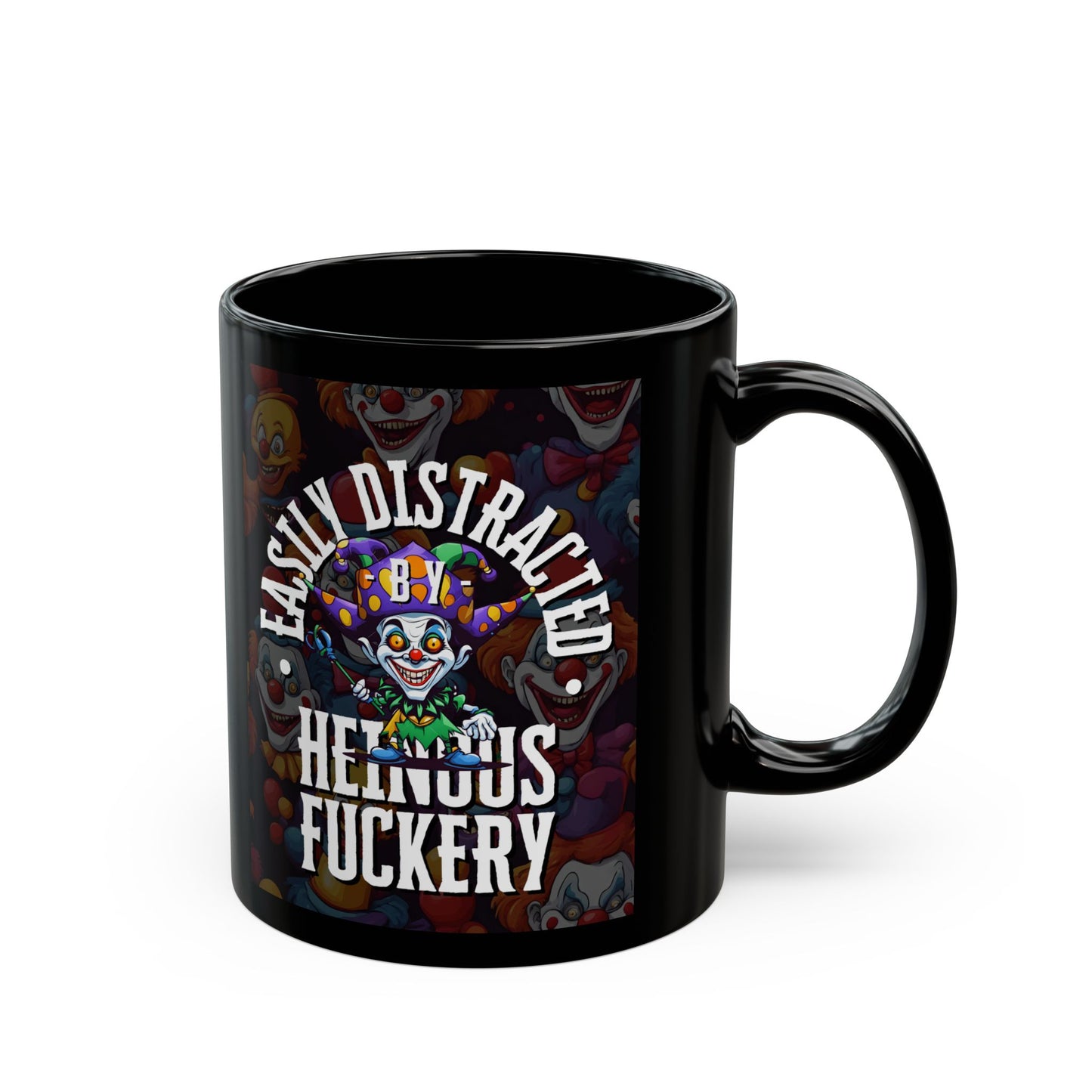 Easily Distracted by Heinous Fuckery Little Jincs Black Mug by theGreenDragonTavern.shop