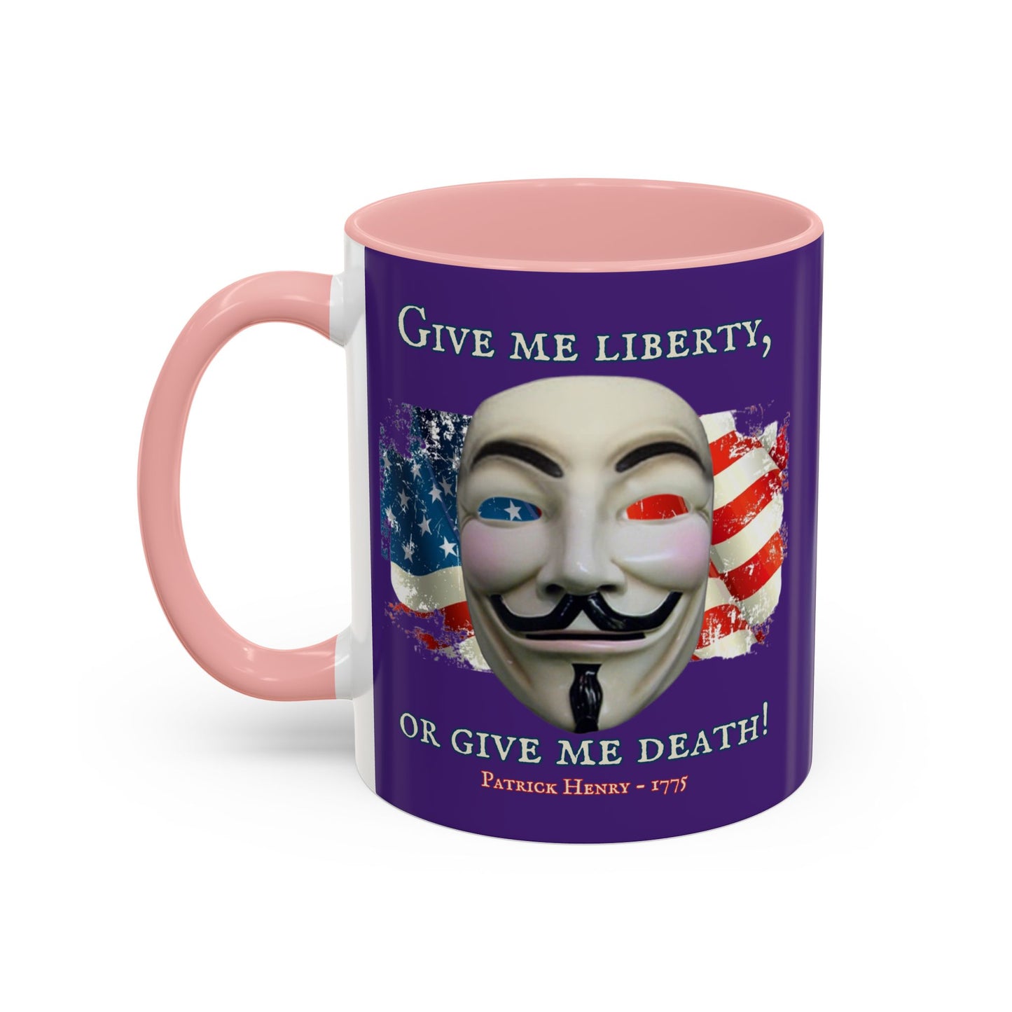 Vendetta, "Give me liberty, or give me death!" Purple Accent Mug by theGreenDragonTavern.shop