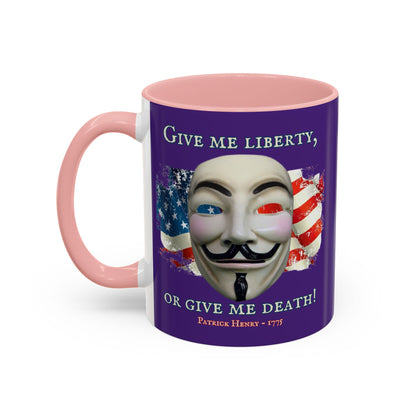 Vendetta, "Give me liberty, or give me death!" Purple Accent Mug by theGreenDragonTavern.shop
