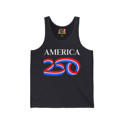 America 250 White font Unisex Jersey Tank Top by theGreenDragonTavern.shop