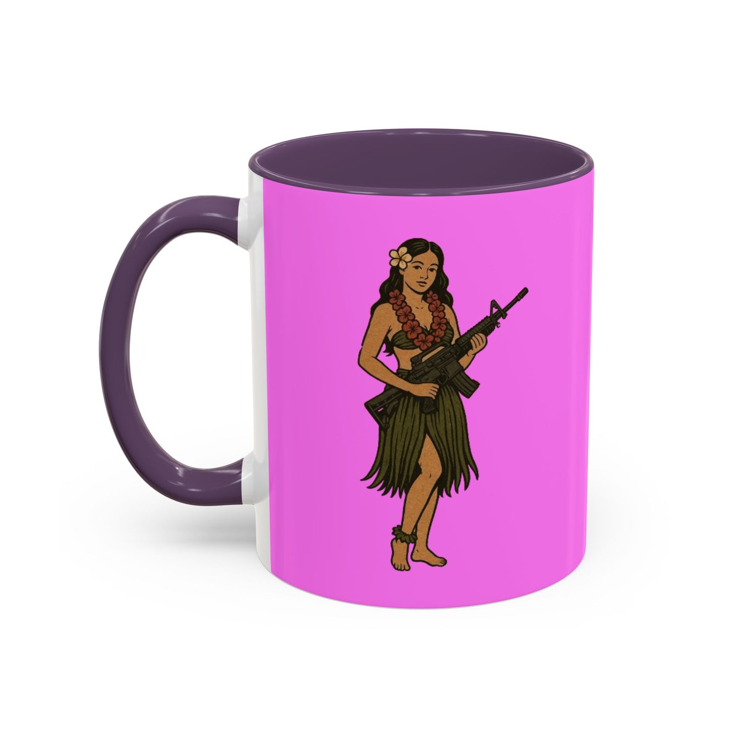 Hula Girl Packin' Heat Pink Accent Mug by theGreenDragonTavern.shop