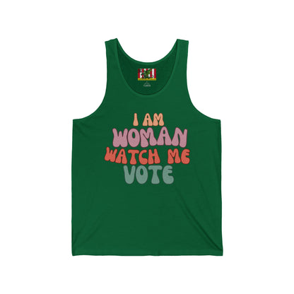 I Am Woman Watch Me Vote Unisex Jersey Tank Top by theGreenDragonTavern.shop