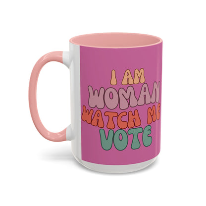 I Am Woman Watch Me Vote Pink Accent Mug by theGreenDragonTavern.shop