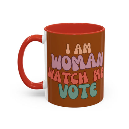 I Am Woman Watch Me Vote Brown Accent Mug by theGreenDragonTavern.shop