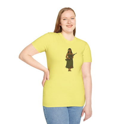 2-sided, Hula Girl Packin' Heat Light colors Unisex T-Shirt by theGreenDragonTavern.shop