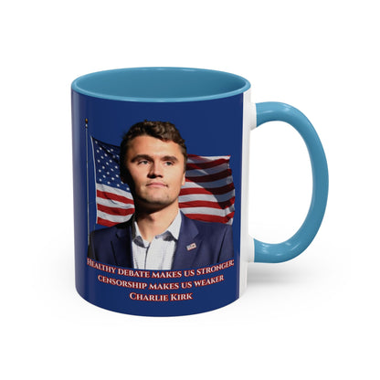 Charlie Kirk, Healthy Debate Blue Accent Mug by theGreenDragonTavern.shop