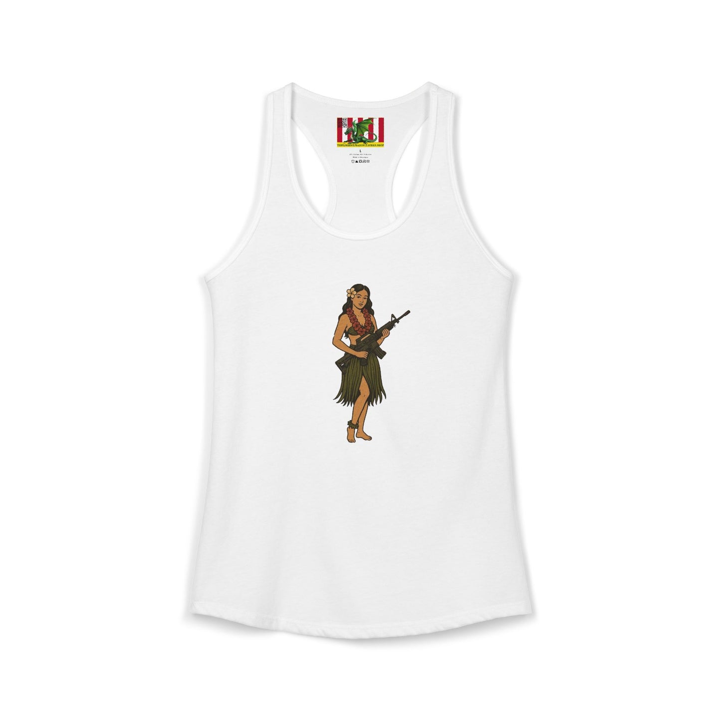 Hula Girl Packin' Heat Women's Racerback Tank Top by theGreenDragonTavern.shop