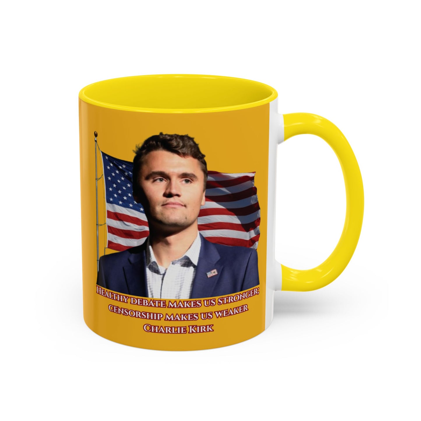 Charlie Kirk, Healthy Debate Yellow Accent Mug by theGreenDragonTavern.shop