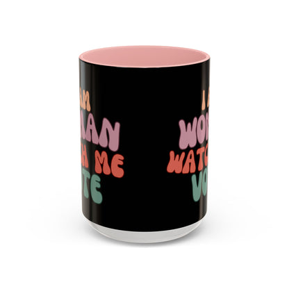 I Am Woman Watch Me Vote Black Accent Mug by theGreenDragonTavern.shop