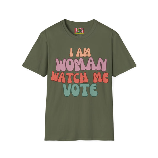 2-sided I Am Woman Watch Me Vote DKcolors Unisex T-Shirt by theGreenDragonTavern.shop