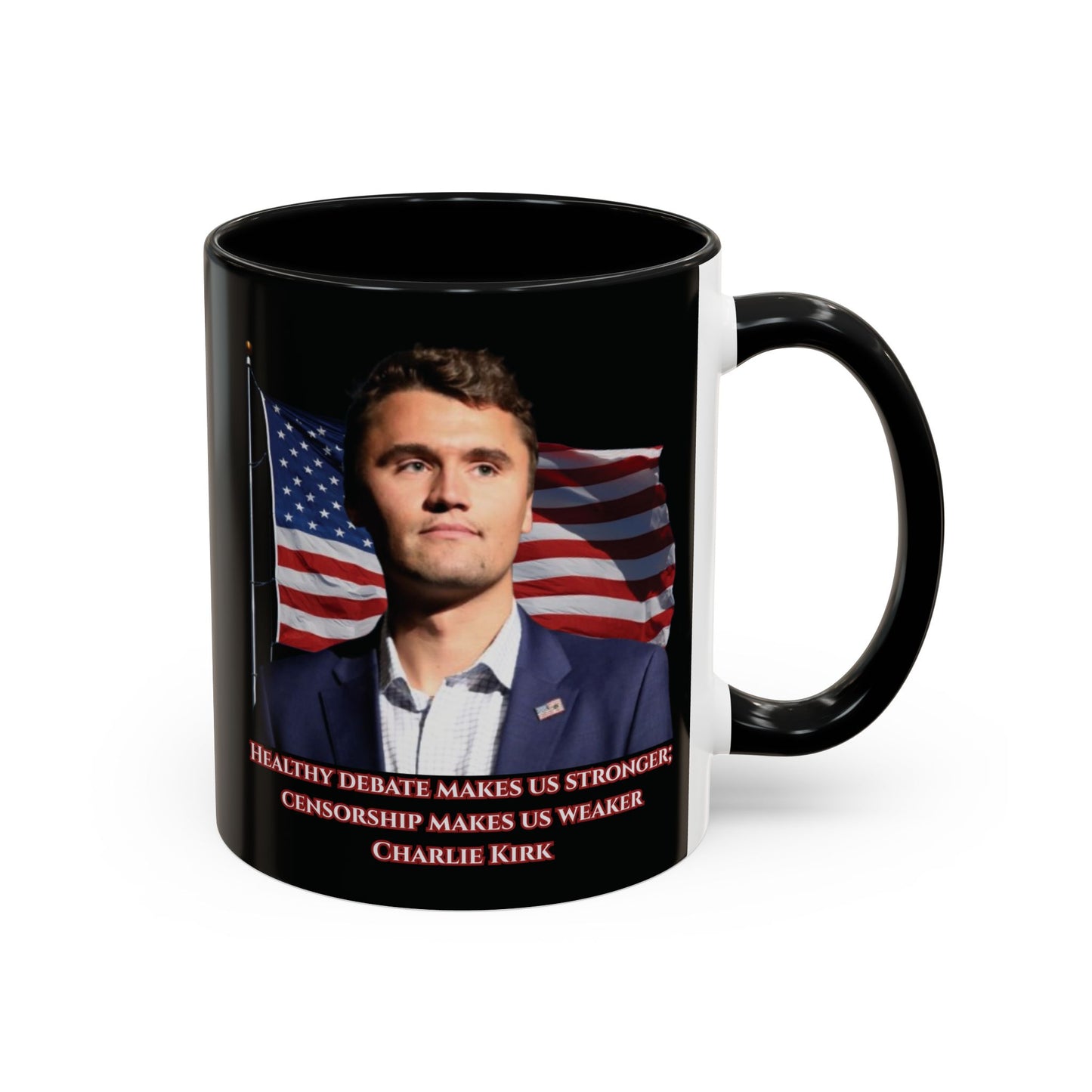 Charlie Kirk, Healthy Debate Black Accent Mug by theGreenDragonTavern.shop