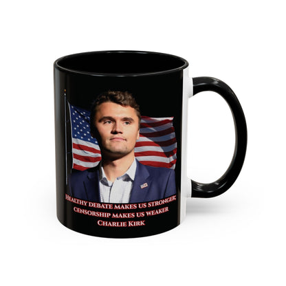 Charlie Kirk, Healthy Debate Black Accent Mug by theGreenDragonTavern.shop