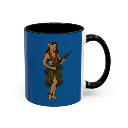Hula Girl Packin' Heat Dark Blue Accent Mug by theGreenDragonTavern.shop