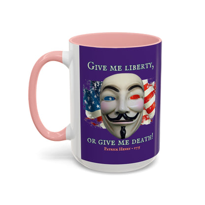 Vendetta, "Give me liberty, or give me death!" Purple Accent Mug by theGreenDragonTavern.shop