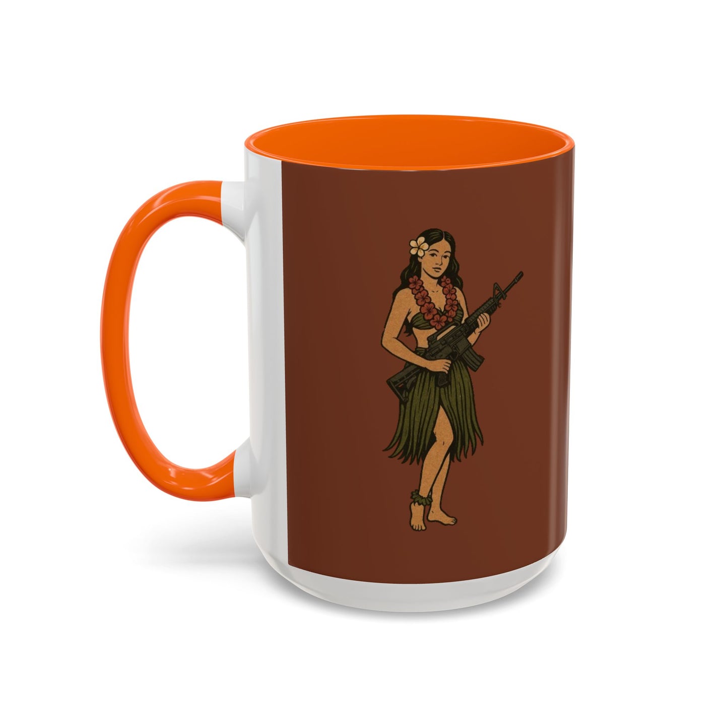 Hula Girl Packin' Heat Brown Accent Mug by theGreenDragonTavern.shop