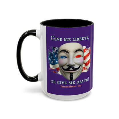 Vendetta, "Give me liberty, or give me death!" Purple Accent Mug by theGreenDragonTavern.shop
