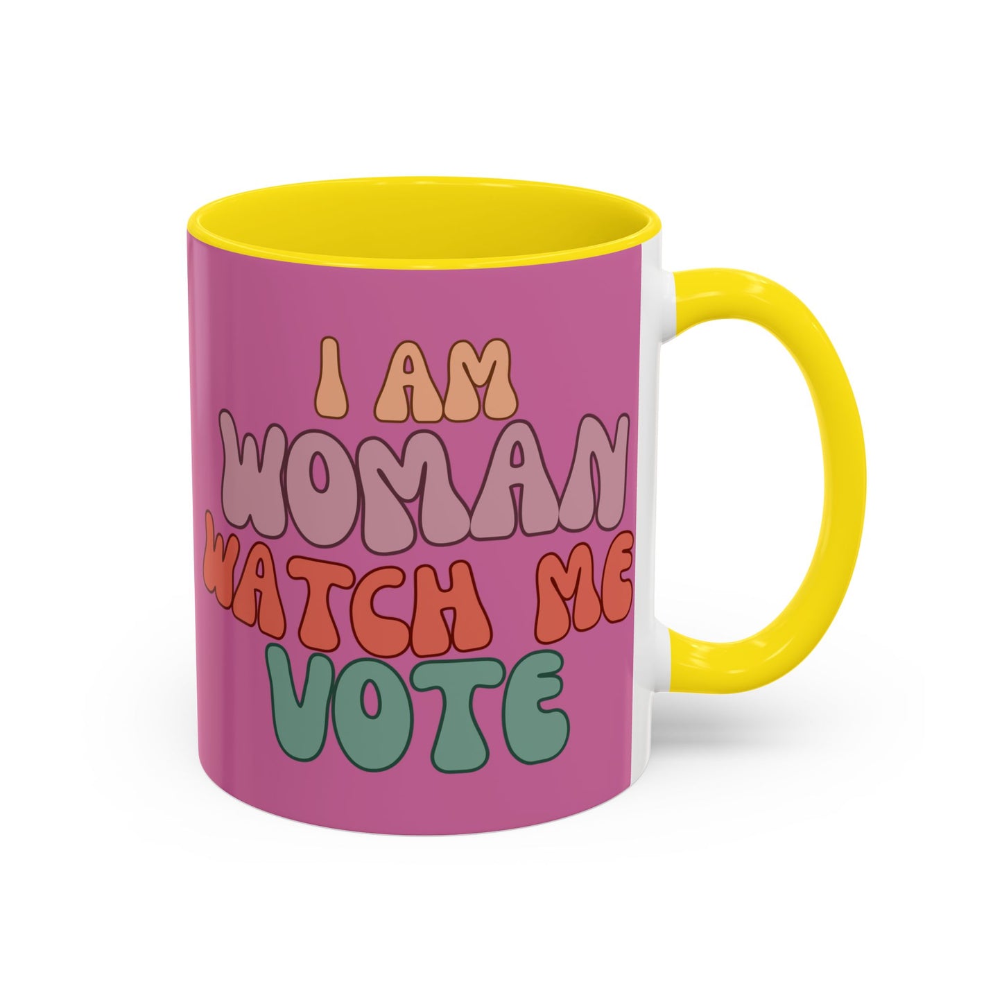 I Am Woman Watch Me Vote Pink Accent Mug by theGreenDragonTavern.shop